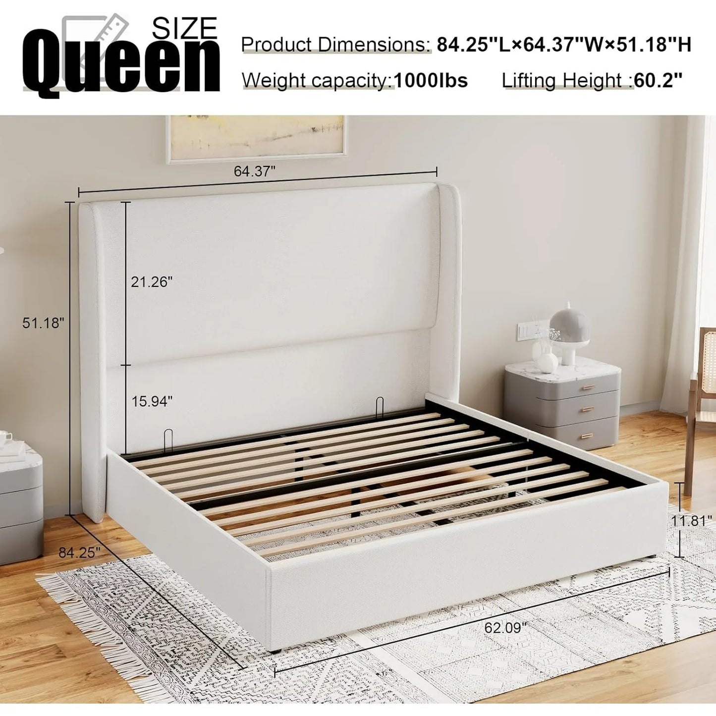 Queen Size Bed Frame Lift Up Storage Bed Linen Upholstered Bed Frame with Hydraulic Storage/Wingback Headboard White