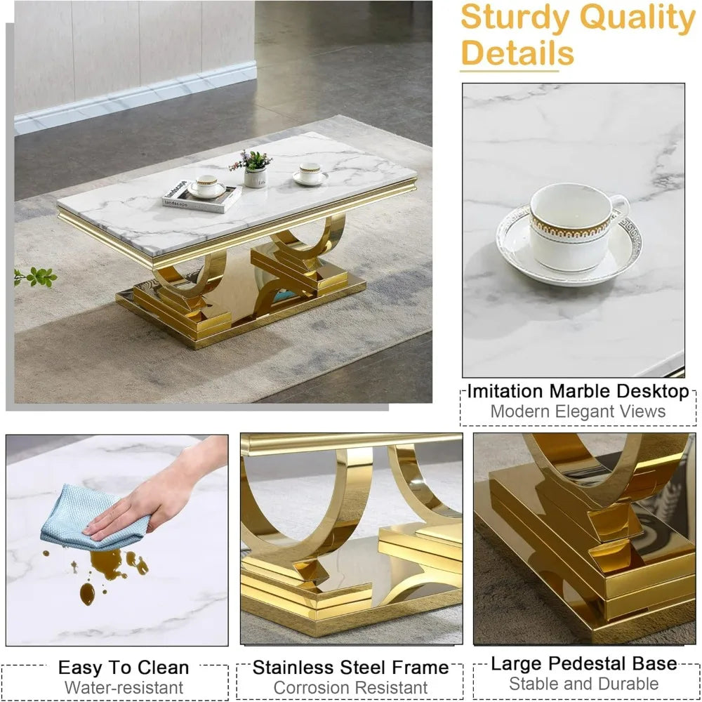Luxury Marble Coffee Table with Gold Stainless Steel Pedestal Modern 47" Rectangle Coffee Table Elegant White Marble Center Tab