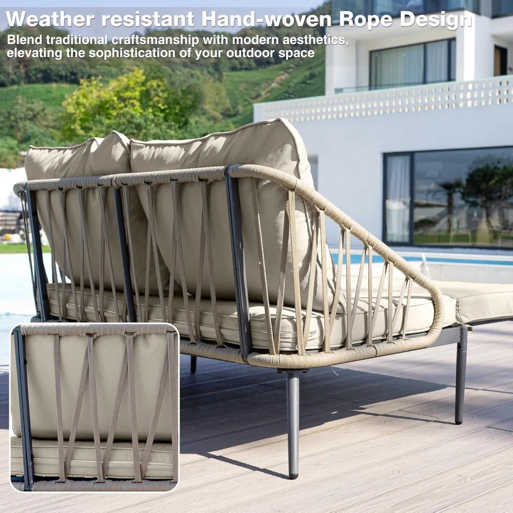 Patio Adjustable Daybed, 2-Person Outdoor Daybed with Cushions and Pillows, Woven Rope Patio Loveseat Garden Adjustable Reclinin