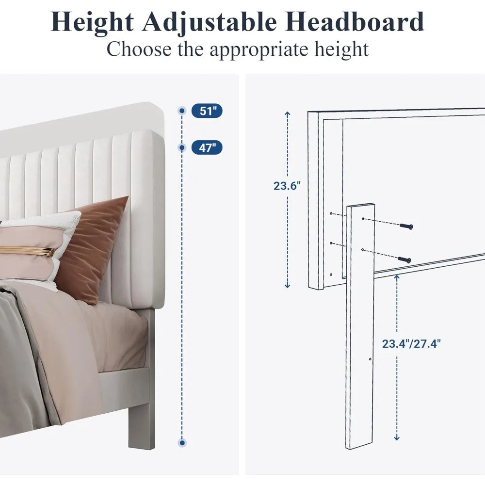 Velvet-Covered Full Size Platform Bed Frame with Adjustable Tufted Headboard and Mattress Support