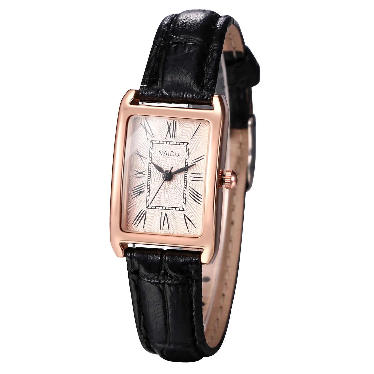 Lancardo Leather Rectangular Women Small Watch Silver Rectangular Roman Numerals Premium PU Strap Black Women's Exquisite Watch