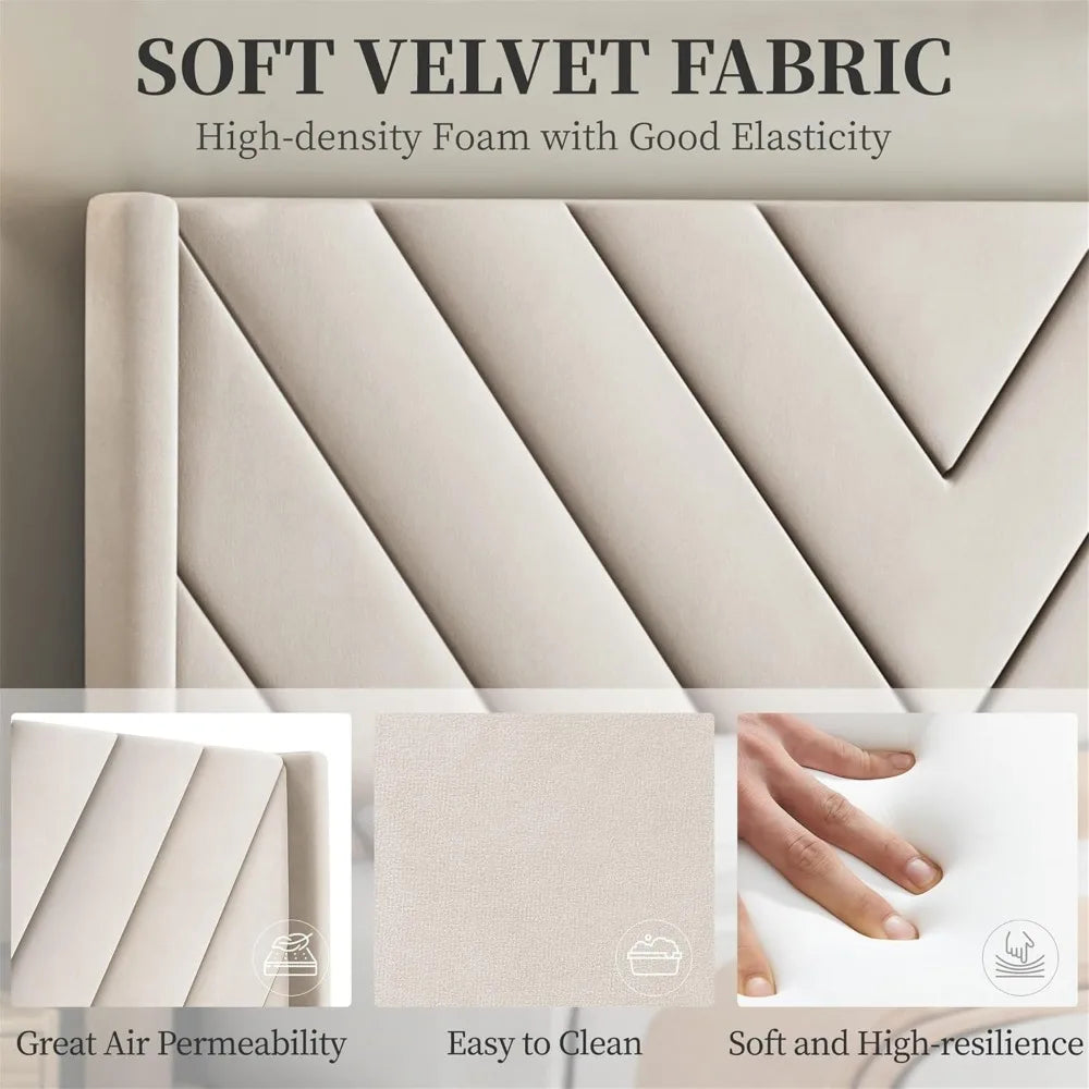 Upholstered Queen Bed Frame with Tufted Headboard, Wooden Slat Support, No Box Spring Needed, Beige Velvet Finish