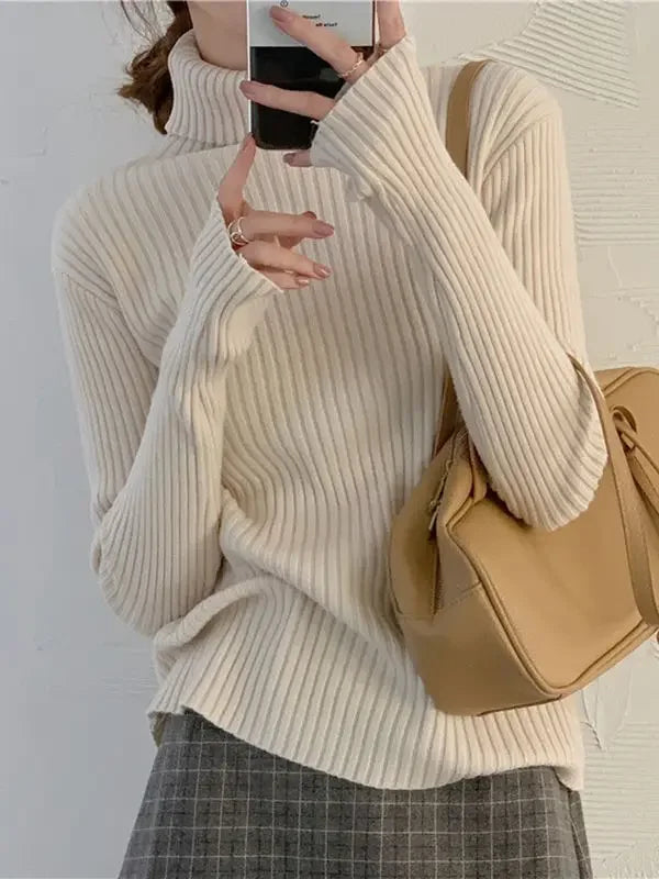 Autumn Winter Warm Thick Women Sweater Pullover Basic Korea Ribbed Sweaters Cotton Tops Knitted Solid Turtleneck with Thumb Hole