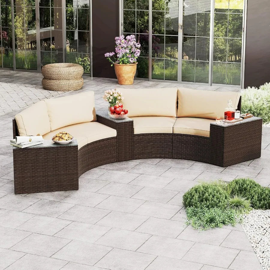 5 Pieces Patio Furniture Set with PE Rattan HalfMoon Curved Sectional Sofas and Tempered Glass Top Side Tables for Outdoor Conv