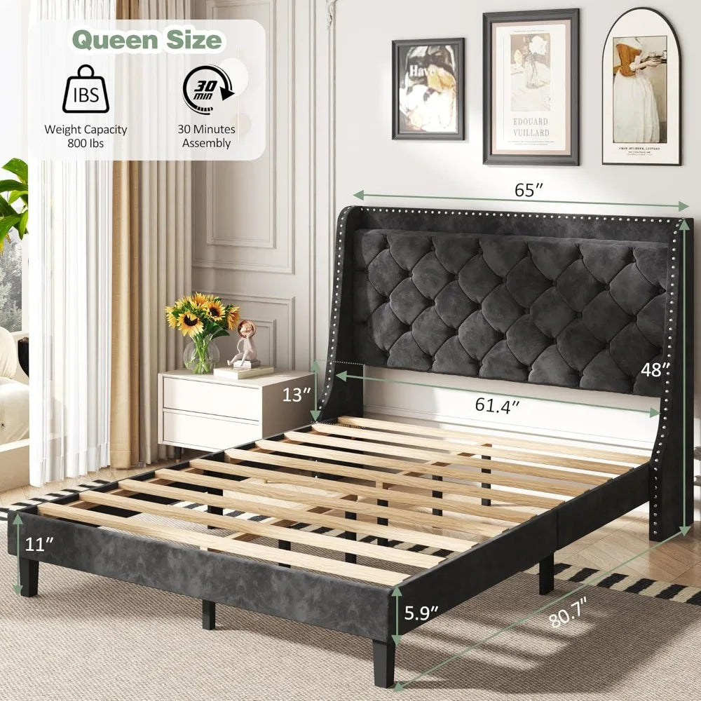 Queen Size Upholstered Bed Frame with Diamond Tufted Headboard, Storage, and Wingback Design