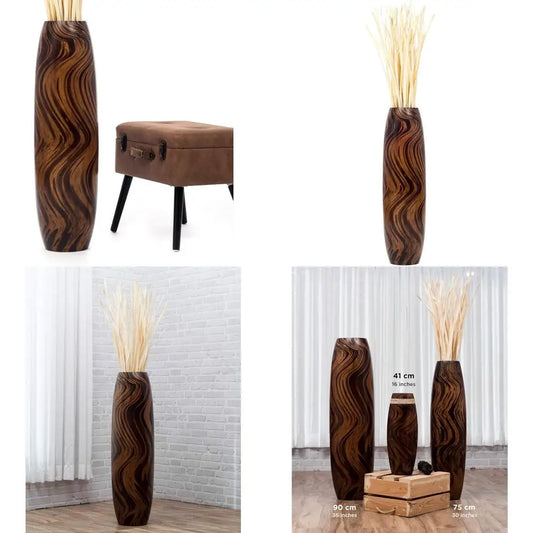 Large Brown Wooden Floor Vase - 34 Tall Decorative Holder for Artificial Plants and Pampas Grass