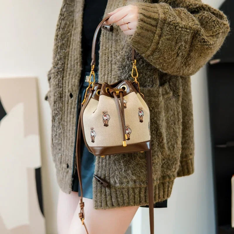 Women's Small Bucket Bag | Collision-color Design, Bear Embroidery Accents, Premium Faux Leather, Simple Casual Style, Versatile