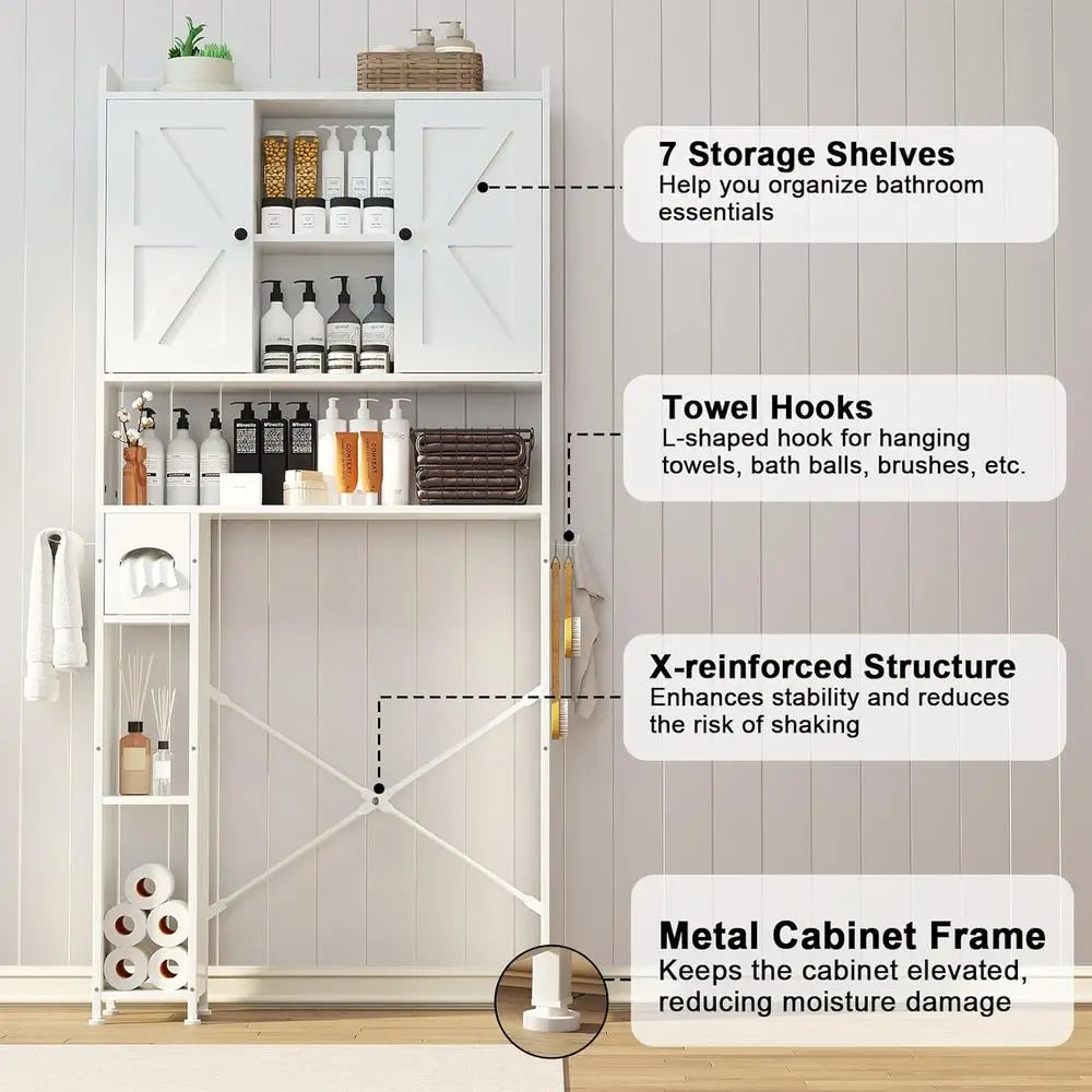 White Farmhouse-Style Metal Frame Toilet Storage Cabinet with 7 Adjustable Shelves and Paper Holder for Bathroom & Laundry Organ