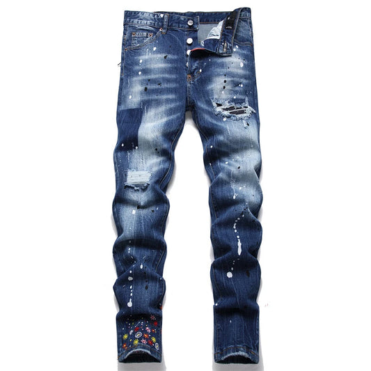 Streetwear Style Italian Men Blue Holes Denim Jeans Trousers Ripped Denim Long Pants High Quality Male Slim Denim Jeans Size 42