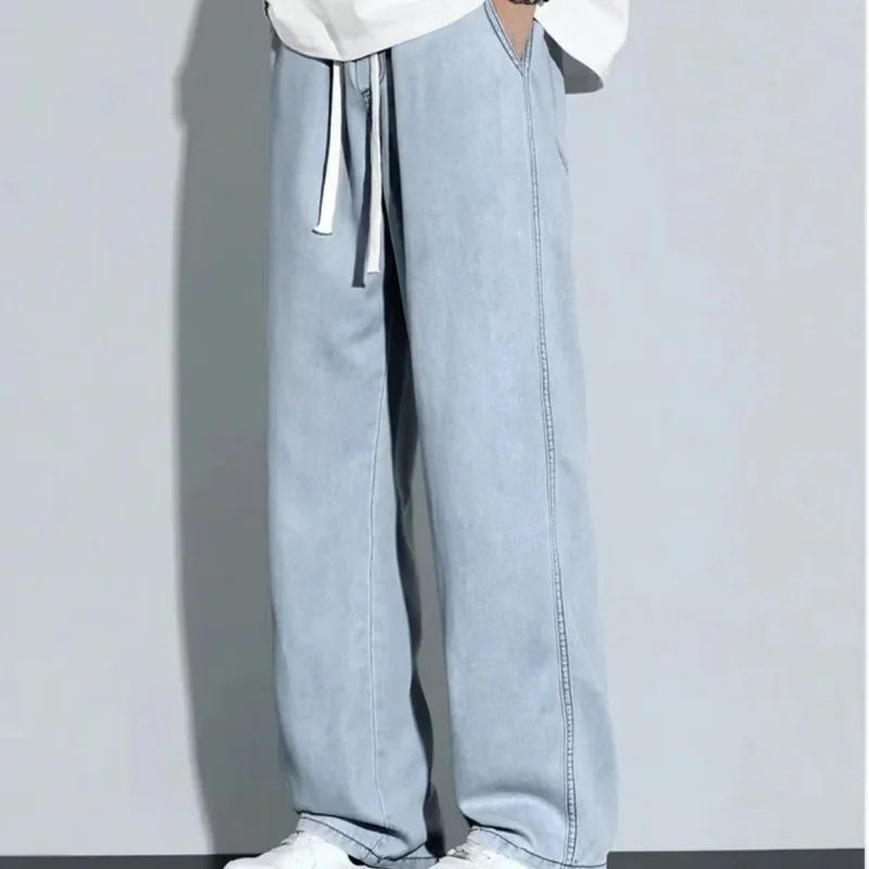 2025 New Korean Men's Casual Long Jeans Classic Man Straight Denim Wide-leg Pants Gyms Solid Color Light Blue Grey Black M-3XL