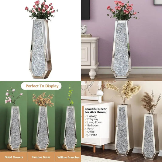 Large Crystal Glass Floor Vase with Crushed Diamond Mirror Effect, Silver Tall Decorative Vases for Living Room, Office, and Hom