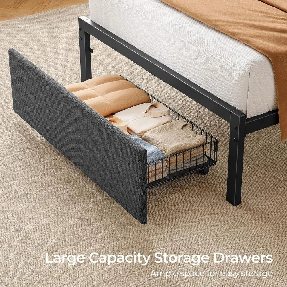 Upholstered Twin Size Bed Frame with Ergonomic Headboard Storage, LED Light, and Charging Station