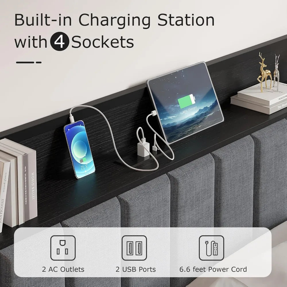 VECELO Storage Platform Bed Frame with Upholstered Headboard and Charging Station, Metal Slat Support, No Box Spring Needed