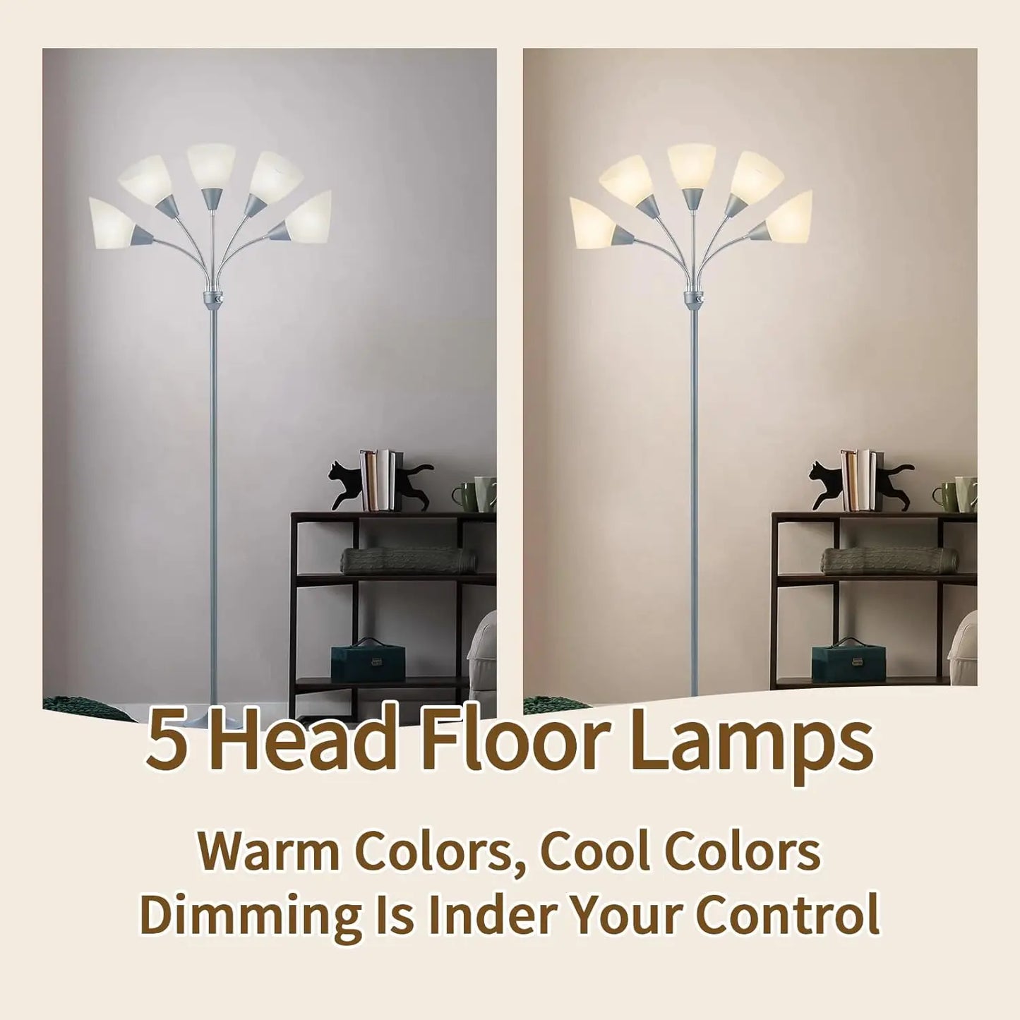 Medusa 5-Head Adjustable Floor Lamp, Large Shade, Silver, E26/A19 Bulb, Living Room Bedroom Reading Light