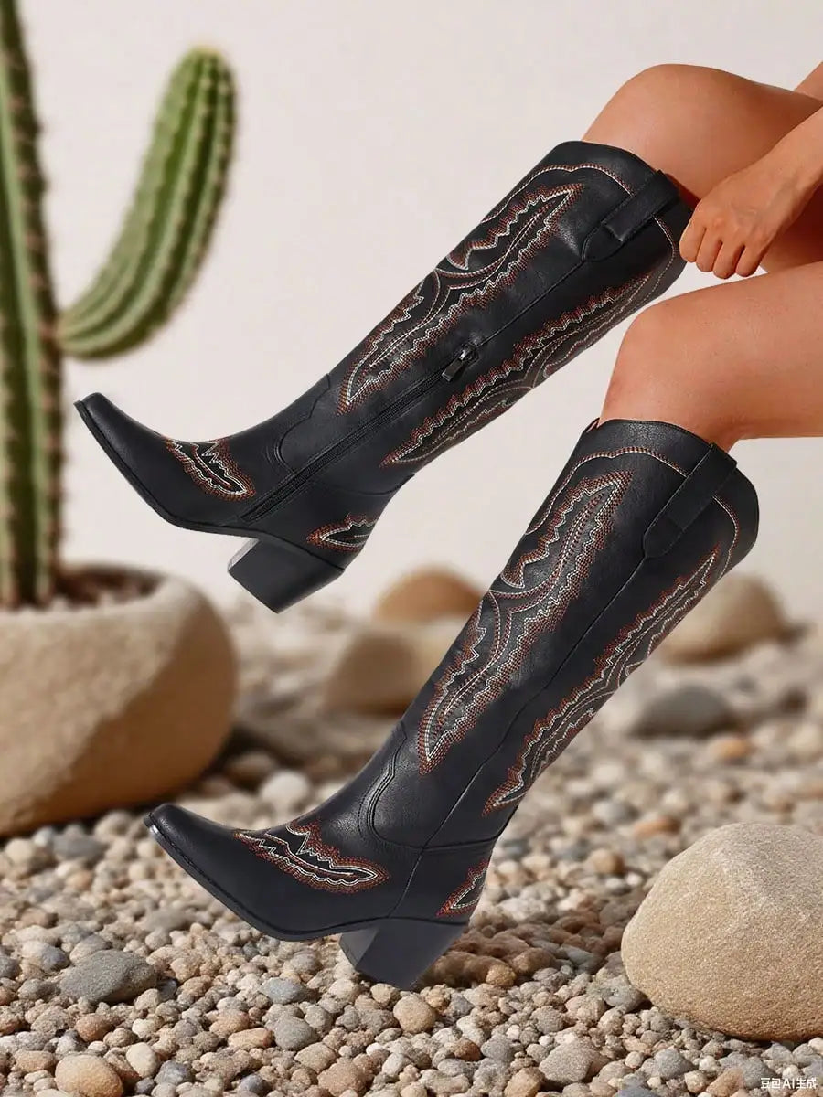 Vintage Embroidered Western Cowgirl Boots For Women Point Toe Chunky Heels Cowboy Knee High Boots Outdoor Shoes Fall Winter