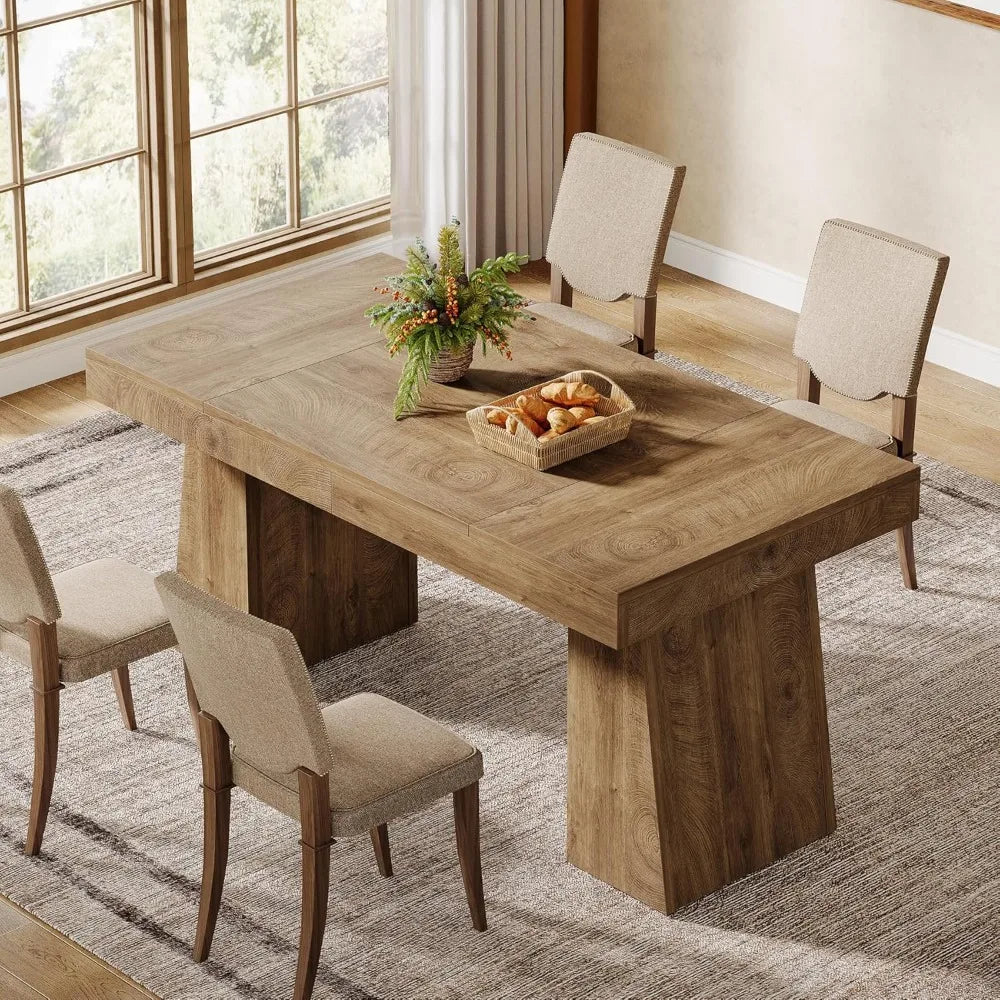 55-Inch Dining Table for 4-6, Rectangular Dining Room Table with Sturdy Legs, Wood Kitchen Dinner Table, Mid-Century