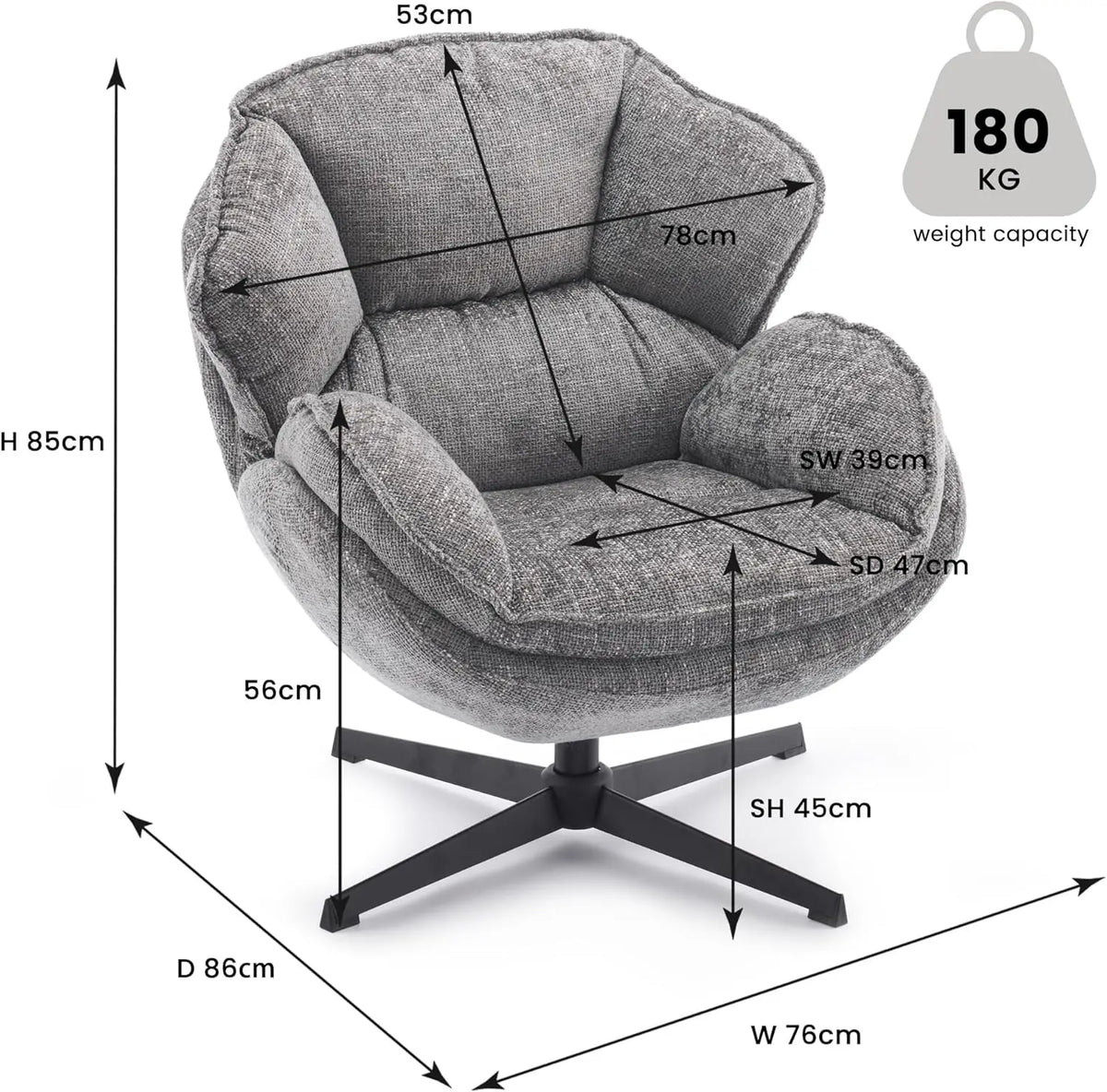 Swivel Accent Chair, Upholstered Armchair with Metal Legs, Gray