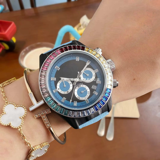 Luxury Mens Watch Genuine Stainless Steel Strap Alloy Case Three Eye Six Hands Chronograph Diamond Accent High Quality