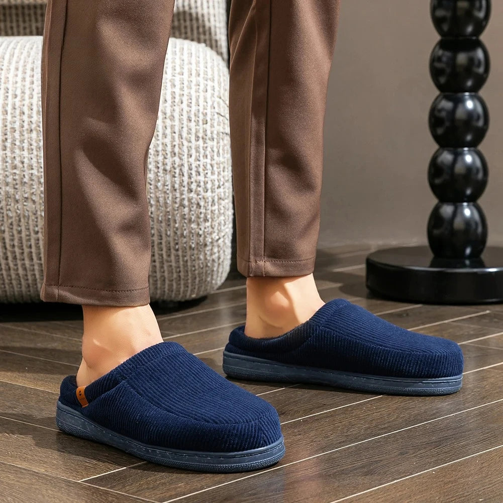 Warm Slippers for Men TPR Sole Memory Foam Soft Cushion Non Slip Stripe Design Comfortable Corduroy House Shoes