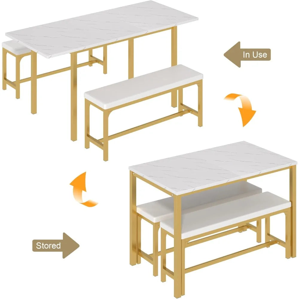 3-Piece 63" Extendable Kitchen Table with Benches/Chairs, Modern Breakfast Dinette/Dining Room Set for 4/6/2