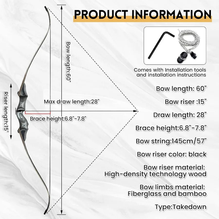 Obert Original Black Hunter Takedown Recurve Bow 60inch with Bamboo Core Limbs for Archery Hunting Target Practice Indoor Outdo