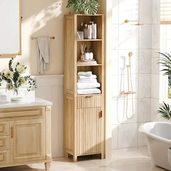 Narrow Fluted Bathroom Floor Skinny Storage Cabinet with 1 Fluted Door&Drawer,68 Tall Narrow12 Inch Deep Slim Bathroom St