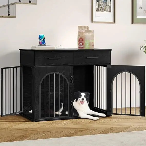 39.4'' large dog crate furniture with 2 storage drawers, heavy duty dog kennel indoor with charging station, wooden dog cage end