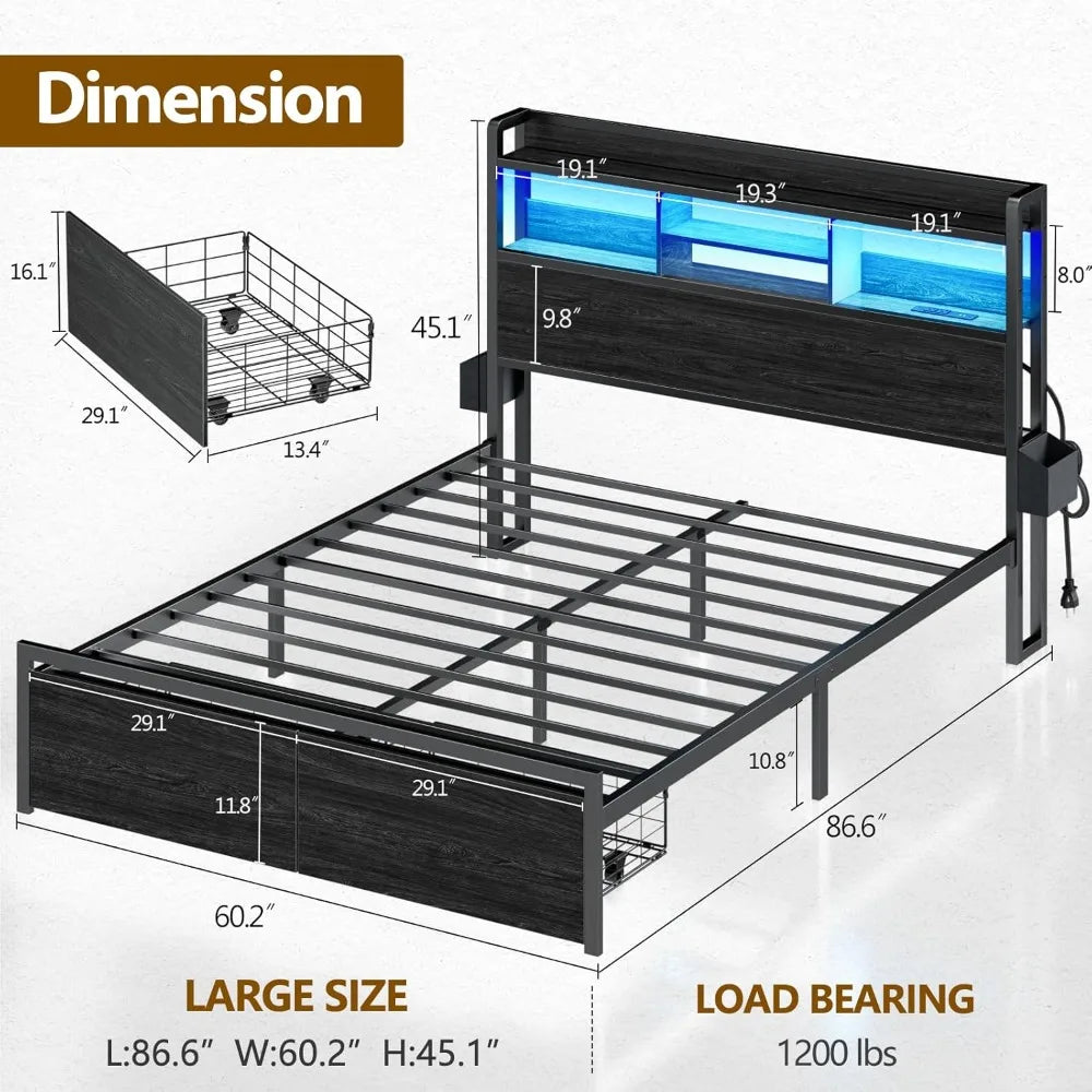 Queen Size Wood Headboard Bed Frame with Storage Shelf and Metal Platform Base, Including Storage Drawers and LED Lighting