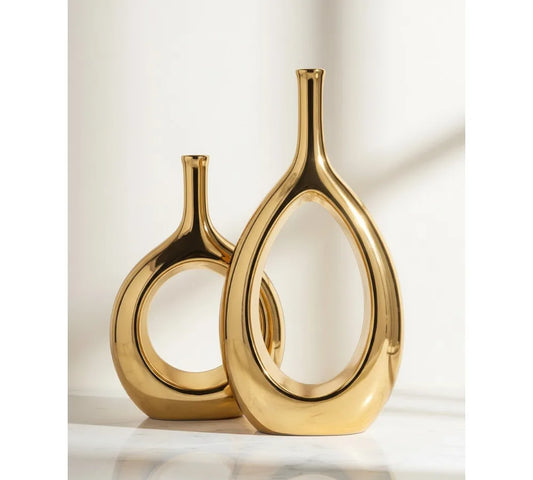 Glossy Gold Ceramic Vase Set Modern Hollow Ellipse Home Decor Centerpiece Farmhouse Rustic