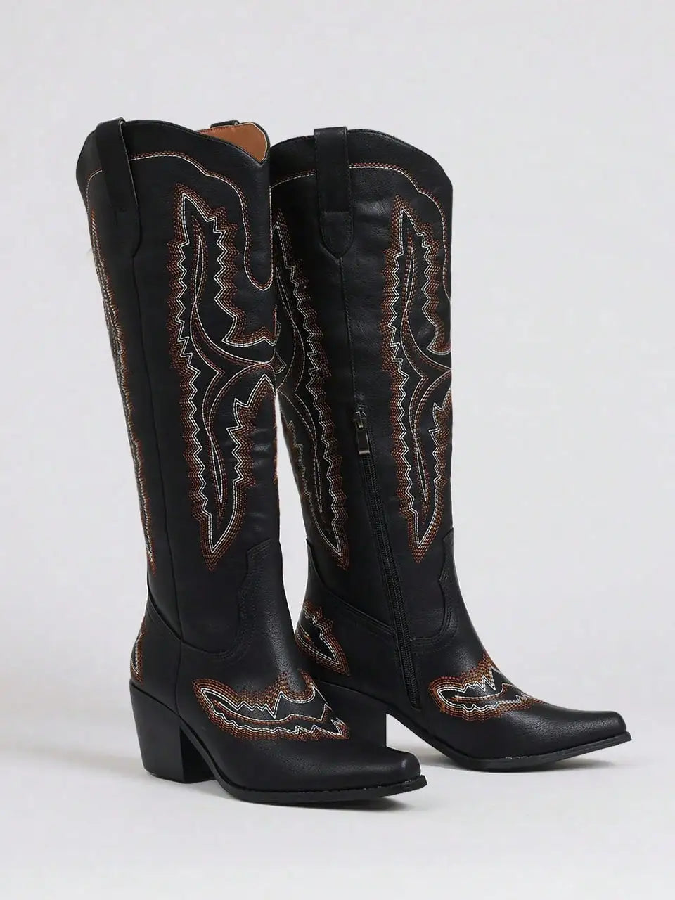 Vintage Embroidered Western Cowgirl Boots For Women Point Toe Chunky Heels Cowboy Knee High Boots Outdoor Shoes Fall Winter