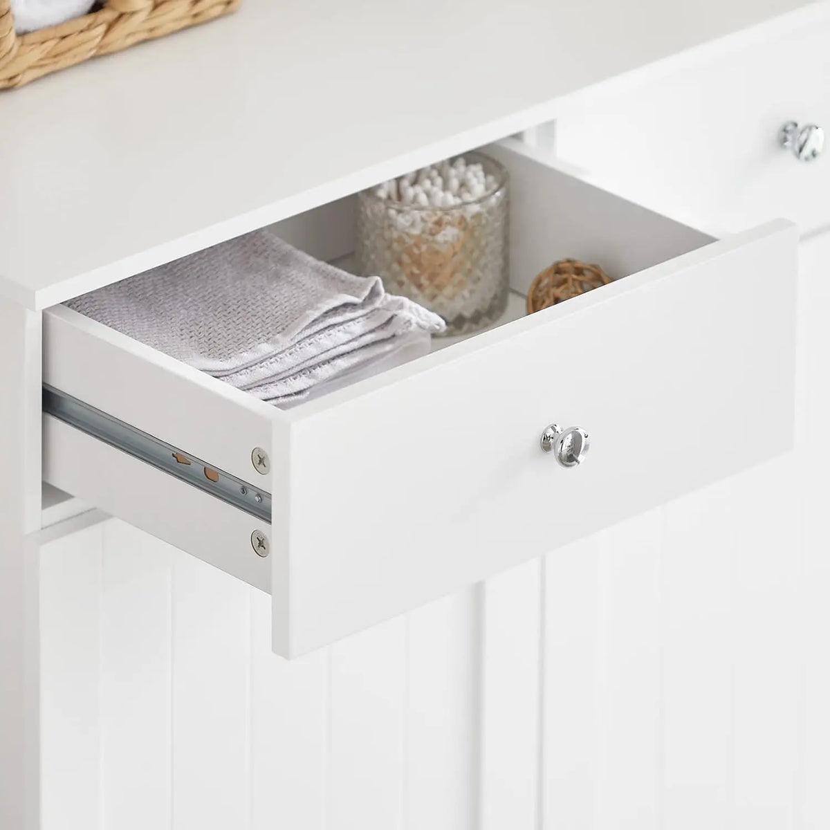 Tilt-Out Bathroom Laundry Cabinet Hidden Hamper Organizer with Double Baskets and Drawers Storing Unit Storage Chest Cupboard