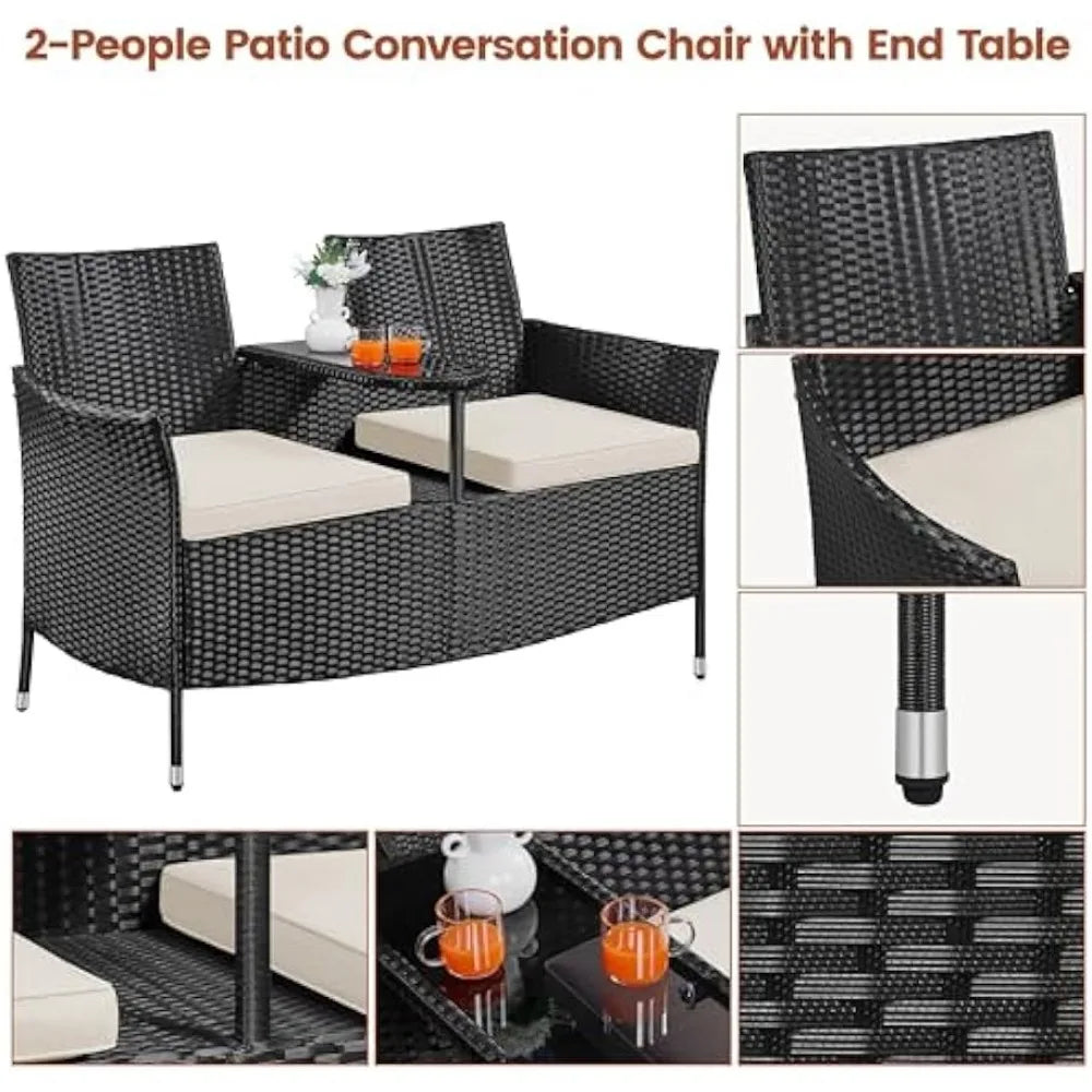 Patio Loveseat, Outdoor Wicker Double Chair w/Side Table, PE Rattan Furniture Set for Two People, Love Seat w/2 Removable Cushi