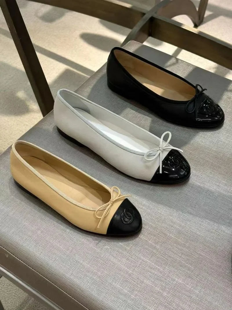 Bowtie Knot Flats Ballet Dance Shoes for Women's Sheepskin Round Toe Shallow Mouth Comfortable Driving Shoe SC2