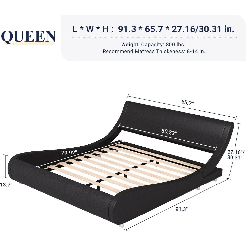 Allewie Upholstered Queen Size Platform Bed Frame Modern Low Profile Sleigh Bed with Faux Leather Adjustable Headboard, Wood Sla