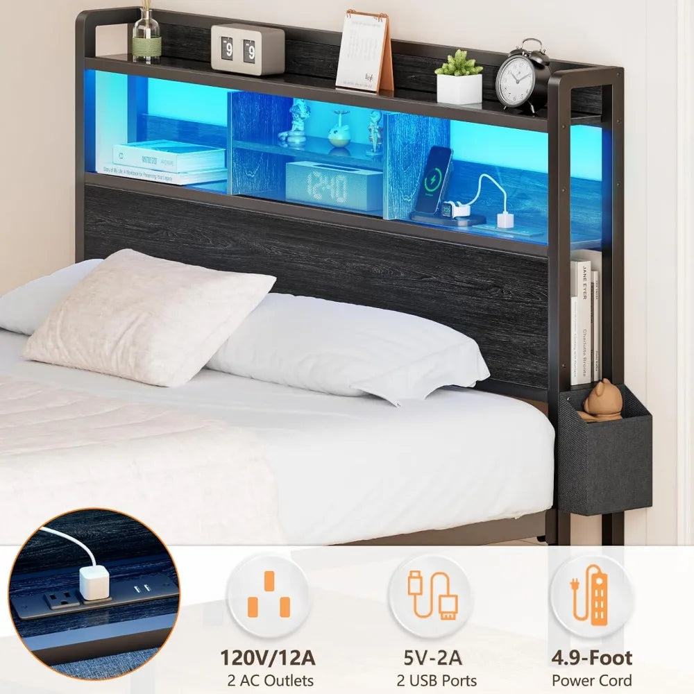 Queen Size Wood Headboard Bed Frame with Storage Shelf and Metal Platform Base, Including Storage Drawers and LED Lighting