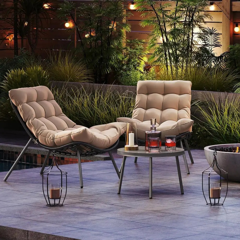 3-Piece Outdoor Bistro Set with Cushioned Wicker Chairs and Glass Table for Patio, Balcony, Deck, and Garden