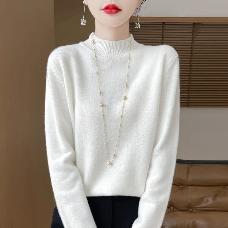 One Line Half Height 100% Andy Velvet Knitted Sweater For Women's Autumn And Winter New Top, Loose Long Sleeved Basic Style GH79