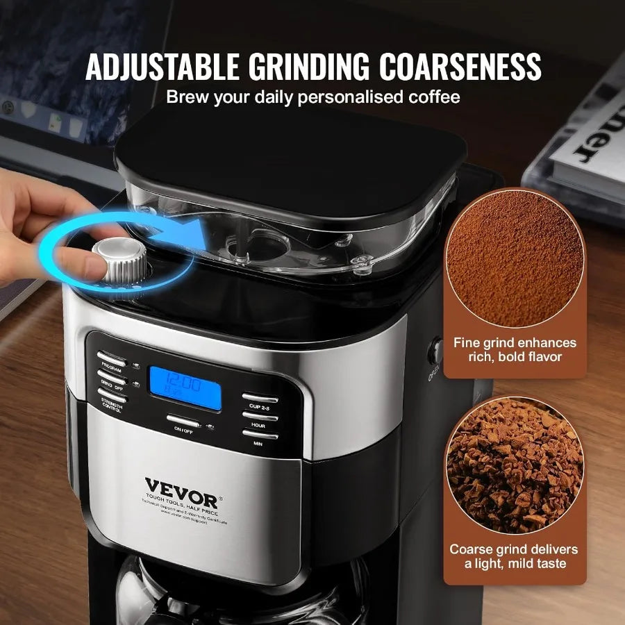 8Cup Coffee Maker with Builtin Grinder for Home Office and Restaurant Use Features 3 Brew Strength Settings 24Hour Programmable