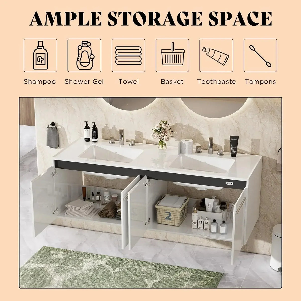 60"LED Floating Bathroom Double Vanity with Sink Combo, Modern High Gloss Wall Mounted Bathroom Storage Cabinet with 3 Hole Sink
