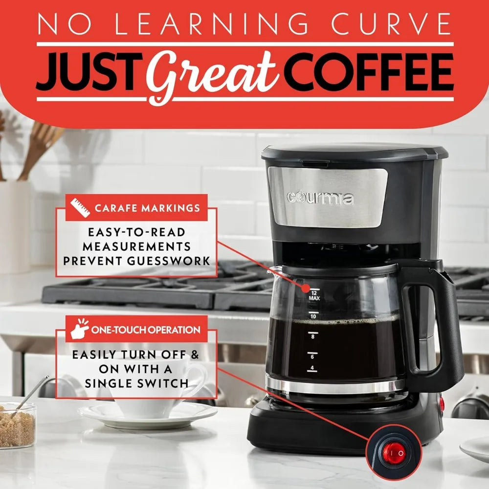 Gourmia Drip Coffee Maker – 12 Cup, One-Touch Operation, Pause & Serve, Automatic Keep Warm, Easy View Water Window, Compact Des