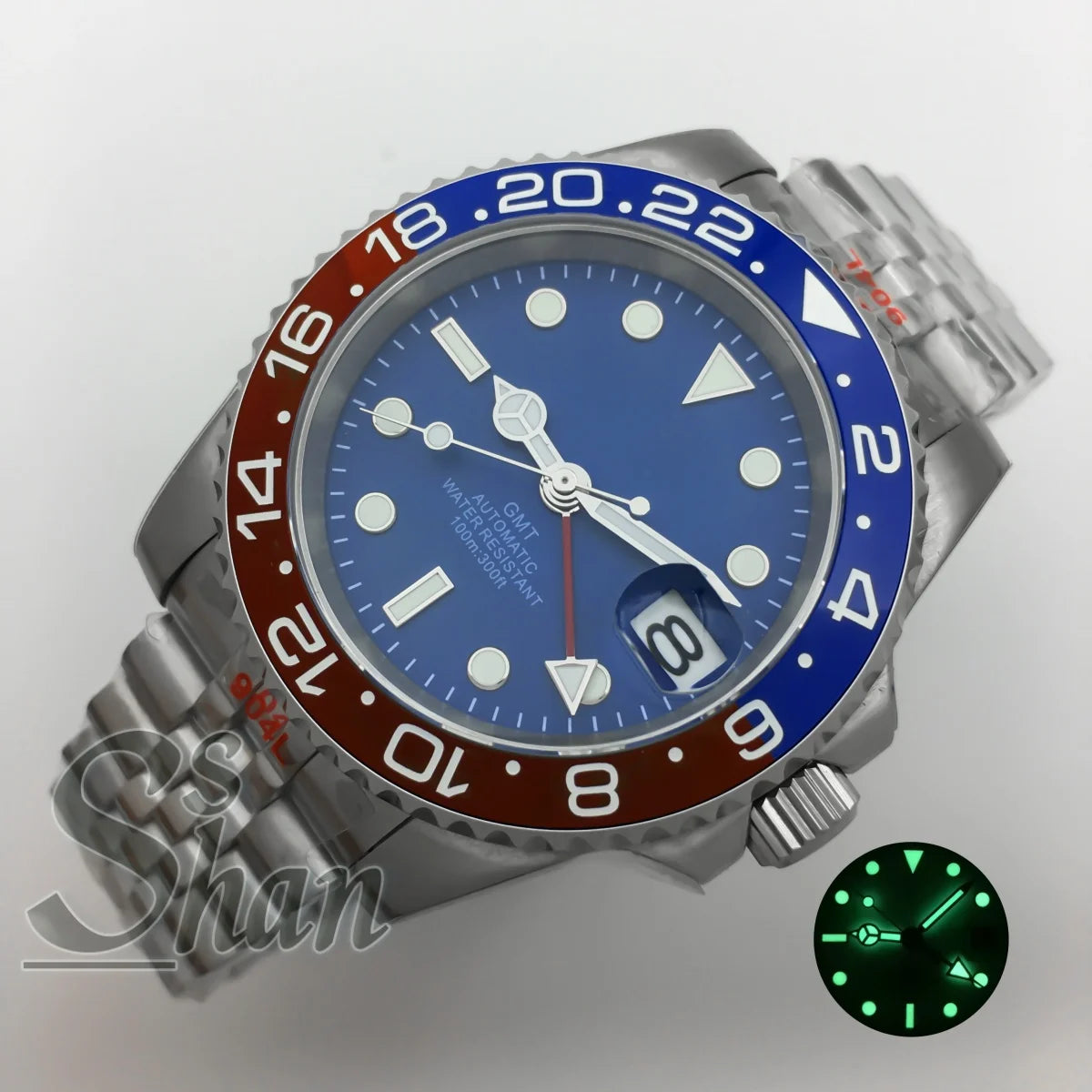 Customized logo luxury 40mm NH34 GMT mechanical watch ceramic bezel sapphire glass green luminous dial water-resistant to 10ATM