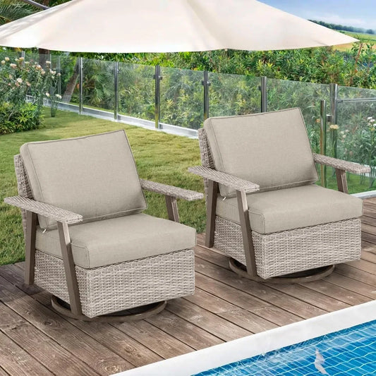 2 Pieces Oversized Outdoor 360° Swivel Rocker Patio Chairs Set, Swiveling Rocking Glider Chairs Set of 2, PE Wicker Rattan Outdo