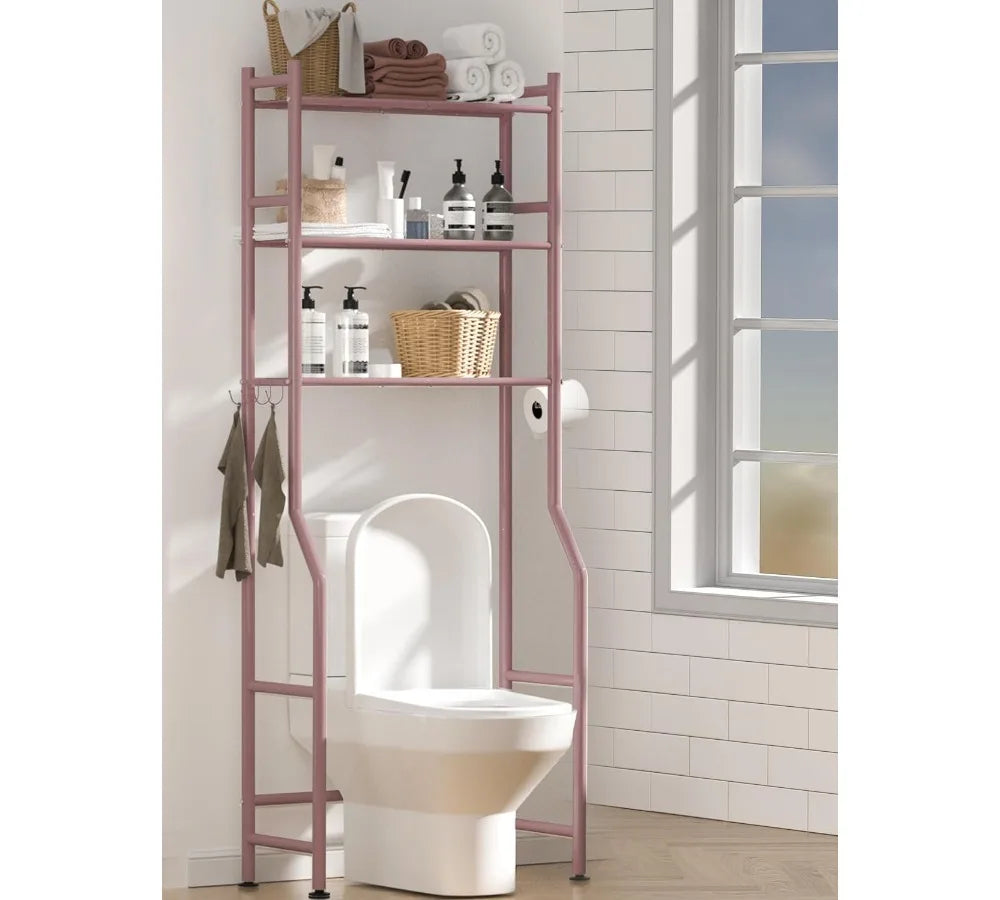 3-Tier Over Toilet Storage Rack with Baskets & Hooks, Space-Saving Metal Bathroom Shelf for Small Spaces