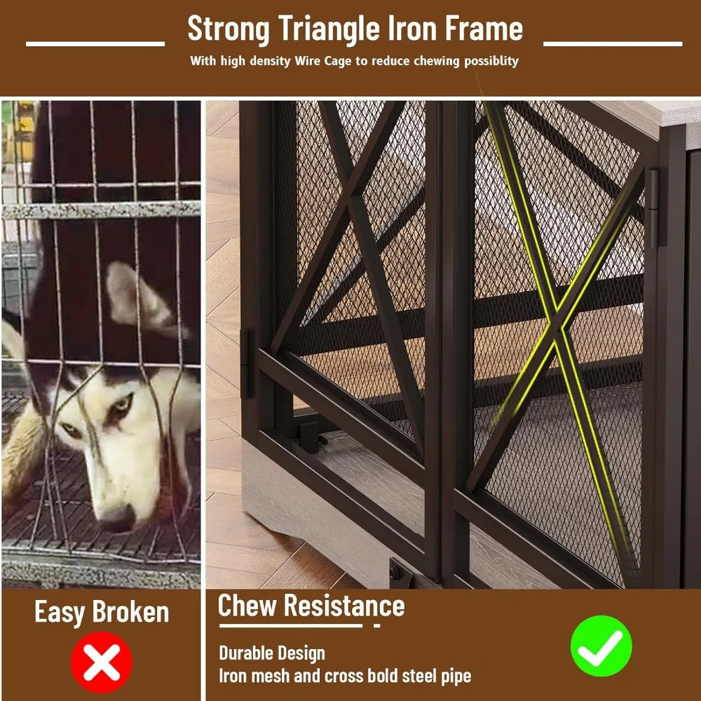 Large Dog Crate Furniture - 48 inch Heavy Duty Dog Kennel Indoor for XLarge Breed with Double Doors, Wooden Dog Cage XL Modern