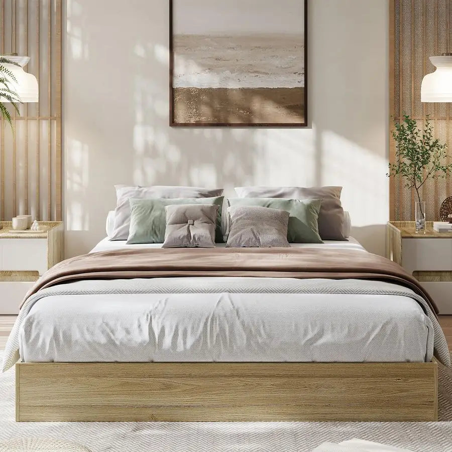 Full Size Wood Platform Bed Frame, Wooden Bed Frame Without Headboard, Wood Slat Support, No Box Spring Needed, Easy Assembly