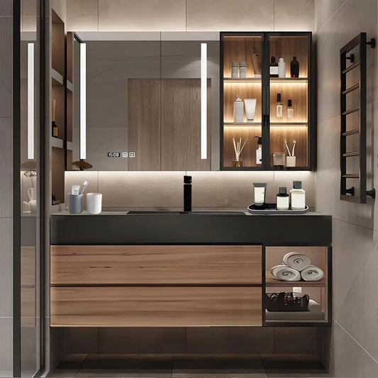 Floating Bathroom Vanity with Sink,Wall Mounted Cabinet with Seamless Integrated Basin,Walnut Color, Solid Wood Bathroom Cabinet