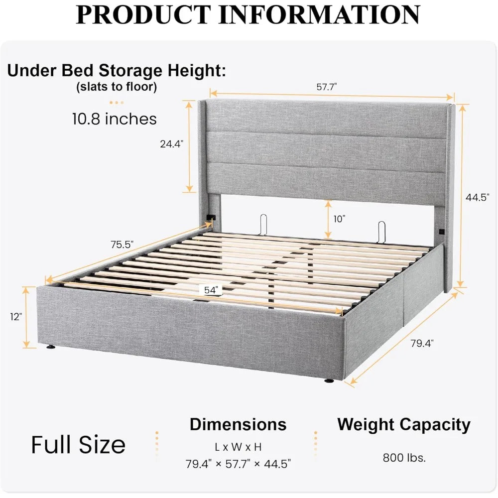 SHA CERLIN Full Size Lift Up Storage Bed/Modern Wingback Headboard/Upholstered Platform Bed Frame/Hydraulic Storage/No Box Sprin