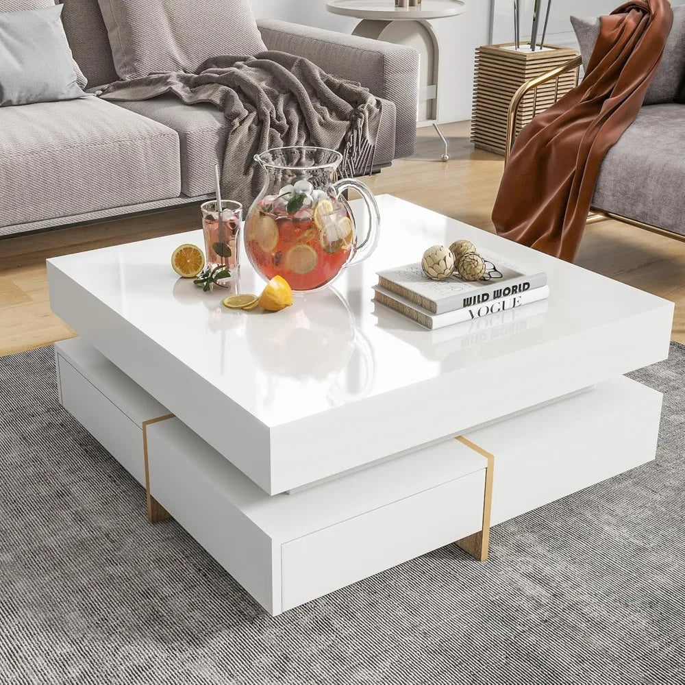 Coffee Table, Modern High Gloss Coffee Table with 4 Drawers, Multi-Storage Square Center Cocktail Table with Wood Grain Legs fo
