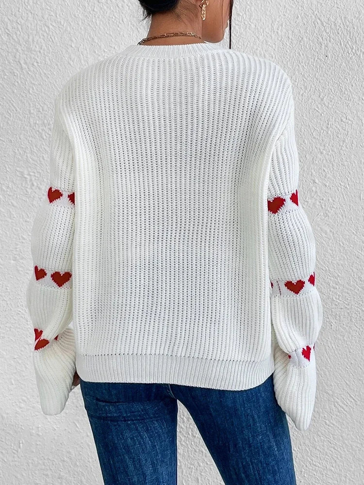Fashionable and elegant sleeve small heart top women's knitted sweater round neck solid color