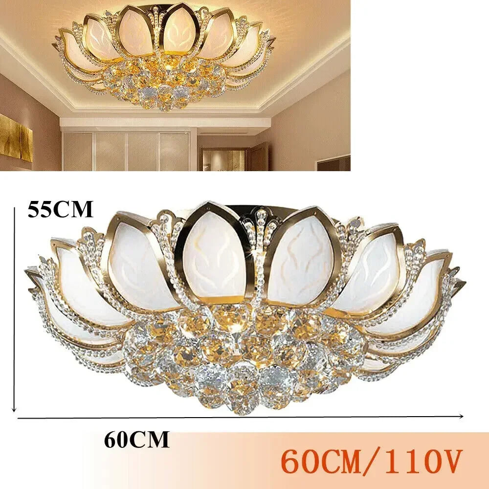 23.5Inch Flower Shaped Crystal Chandelier, E12 110V Gold Crystal Ceiling Lamp Modern Chandelier Hanging Lamp Flush Mount